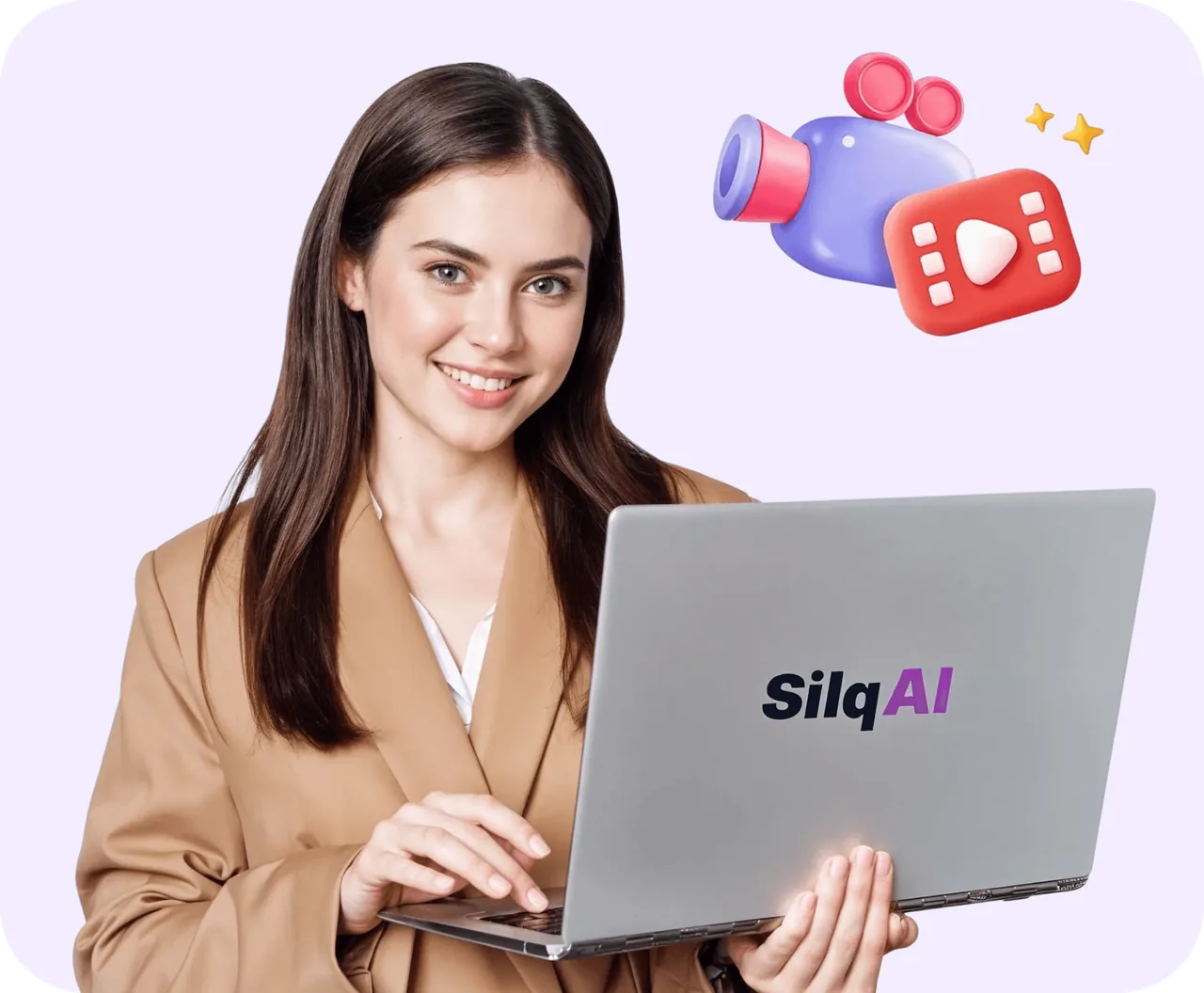 Женщина за ноутбуком с логотипом SilqAI