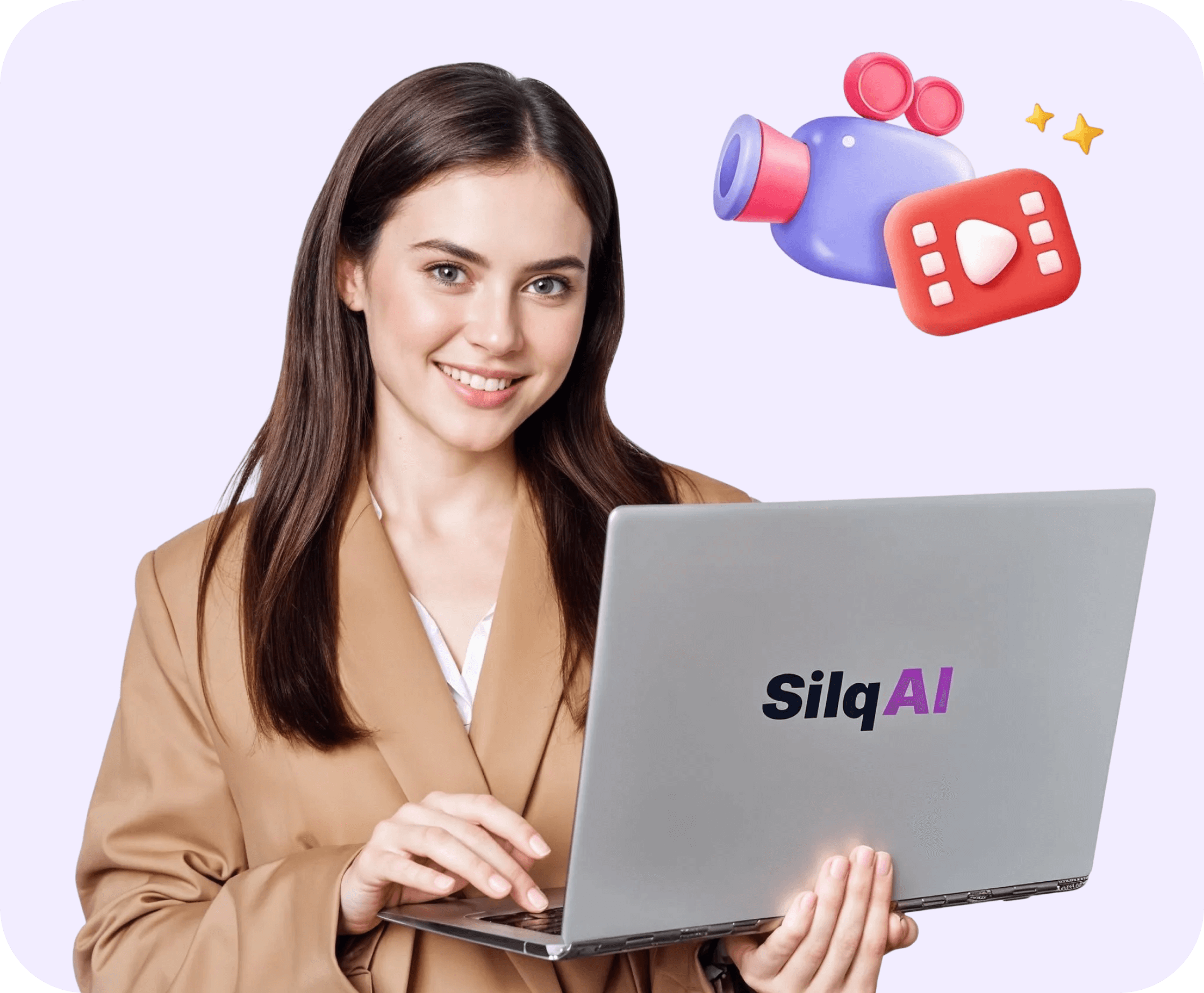 Женщина за ноутбуком с логотипом SilqAI