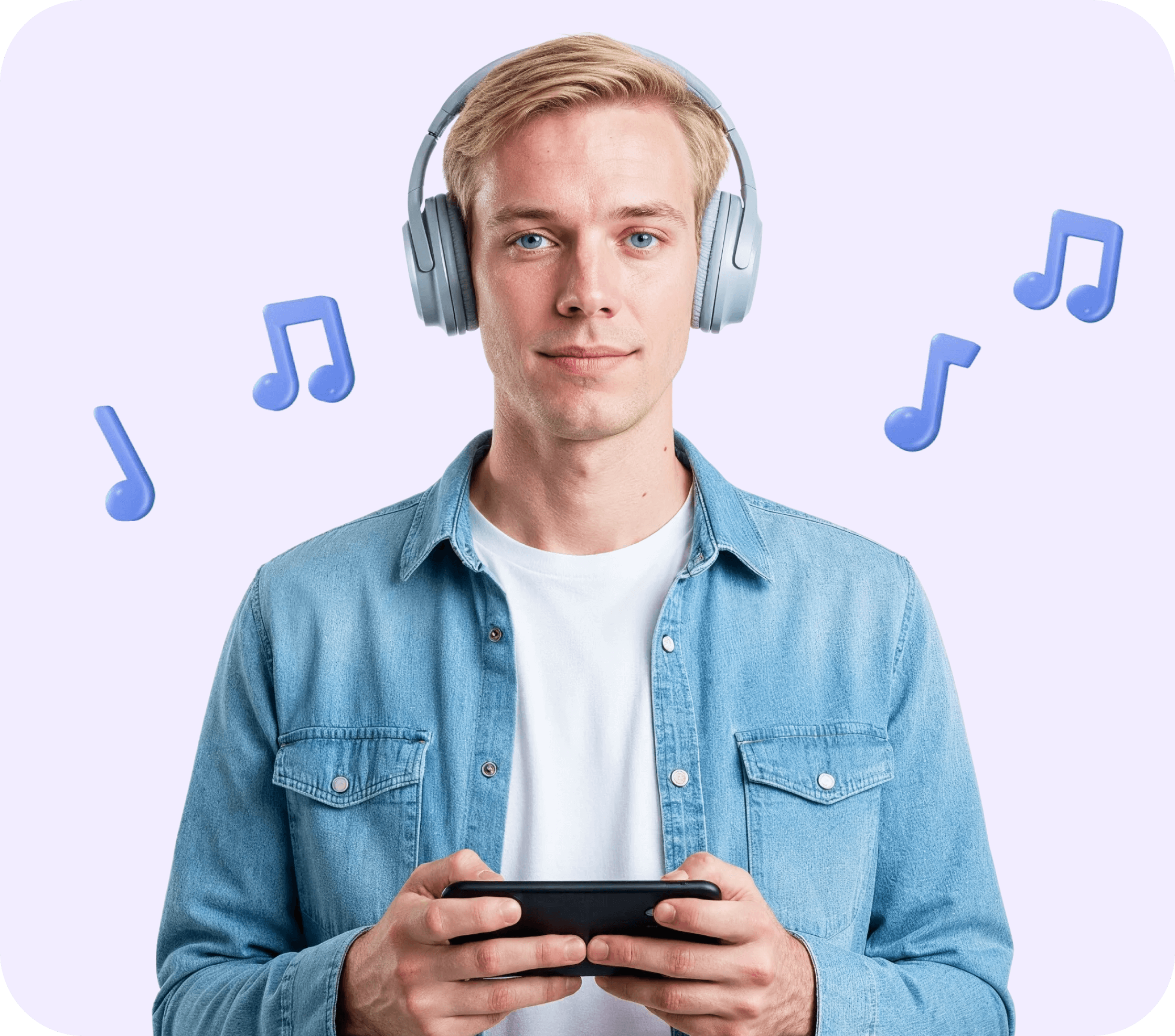 Мужчина в наушниках с музыкальными нотами